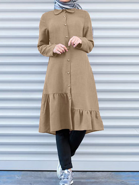 Button Front Irregular Ruffle Hem Long Sleeve Shirt Women Midi Dress