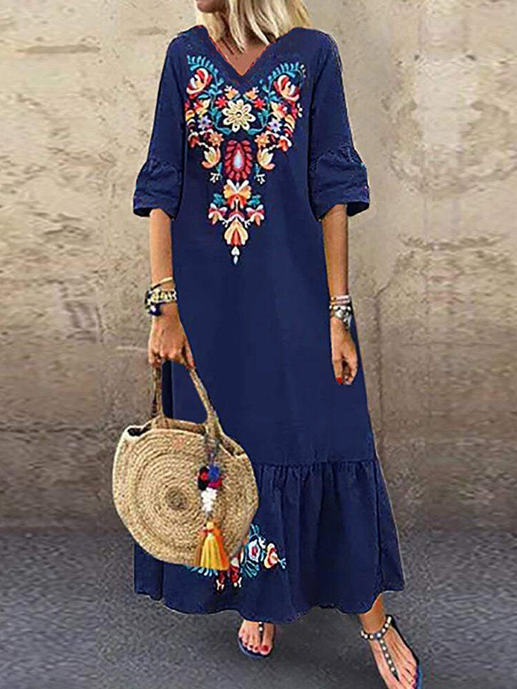 Womens Casual Boho Dress V-Neck Half Sleeve Long Maxi Summer Beach Dresses