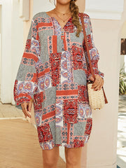 Color block Ethnic Style Print Puff Sleeve V-neck Bohemian Women Midi Dress