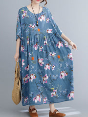 O-neck Floral Loose Retro Style Casual Summer Women Maxi Dress