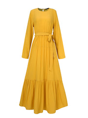 Vintage Pleated Spliced Belted Loose Long Sleeve Tunic Casual Women Maxi Dress