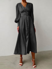 Κομψό γυναικείο μάξι φόρεμα με σατέν κουμπιά με λαιμόκοψη V με μακρύ μανίκι