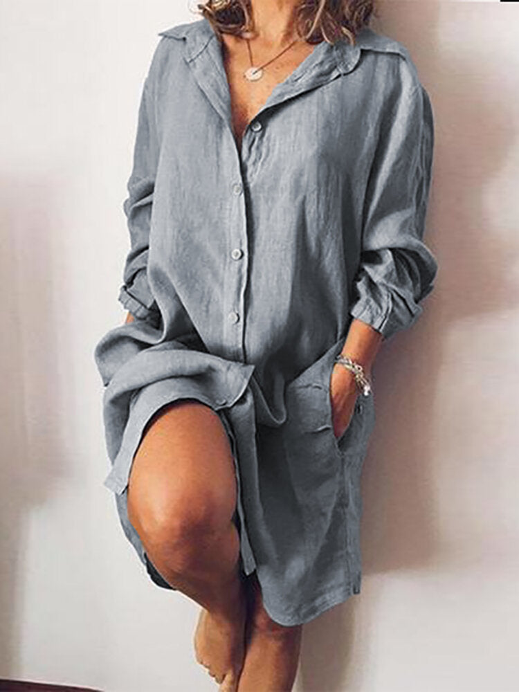 Loose Casual Long Sleeve V-neck Button Pocket Shirt Women Midi Dress – Come4Buy eShop