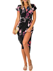 Non-elastic V-neck Floral Printed Split Floral Casual Women Midi Dress