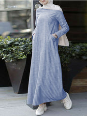 Vertical Stripe Cotton Long Sleeve Casual Kaftan Pockets Women Maxi Dress