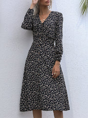 Vintage Floral Print Button V-neck Long Sleeve Women Midi Dress