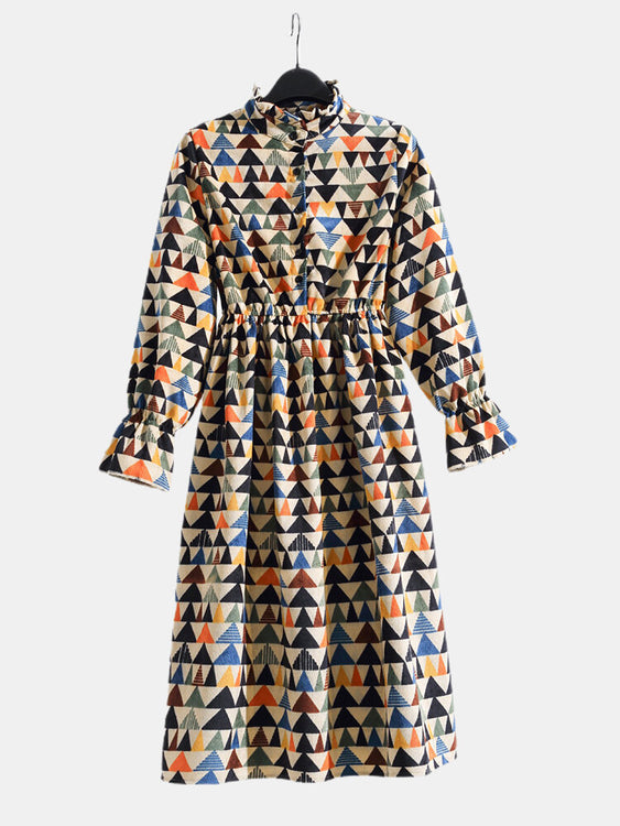 Colorful Geometric Print Ruffle Neck Elastic Waist Women Midi Dress