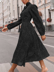 Fashion Vintage Polka Dot Print Knotted Big Swing Casual Long Sleeve Midi Dress