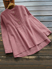 Women Long Sleeve Plaid Buttons Stand Collar Vintage Blouse