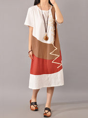 S-5xl Casual Short Sleeve Splice Loose O-neck Mid Long Women Maxi Dress