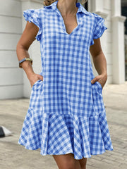 옷깃 체크 무늬 프릴 포켓 여름 여성 미디 드레스