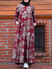 Floral Print Loose Causal Bohemian Back Zipper Pleated Pockets Women Maxi Dress