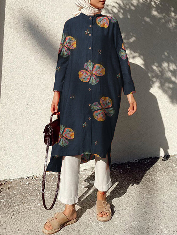 Cotton Flowers Print Kaftan Long Sleeve Retro Shirt Women Midi Dress