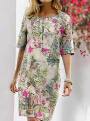 Вінтажна бавовняна повсякденна жіноча сукня міді з квітковим принтом і круглим вирізом, напіврукавом