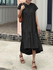 Pure Color Tiered Button Front Cap Sleeve Casual Midi Shirt Women Midi Dress