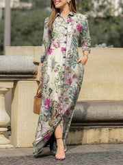 Floral Leaves Print Lapel Button Long Sleeve Daily Casual Women Maxi Dress