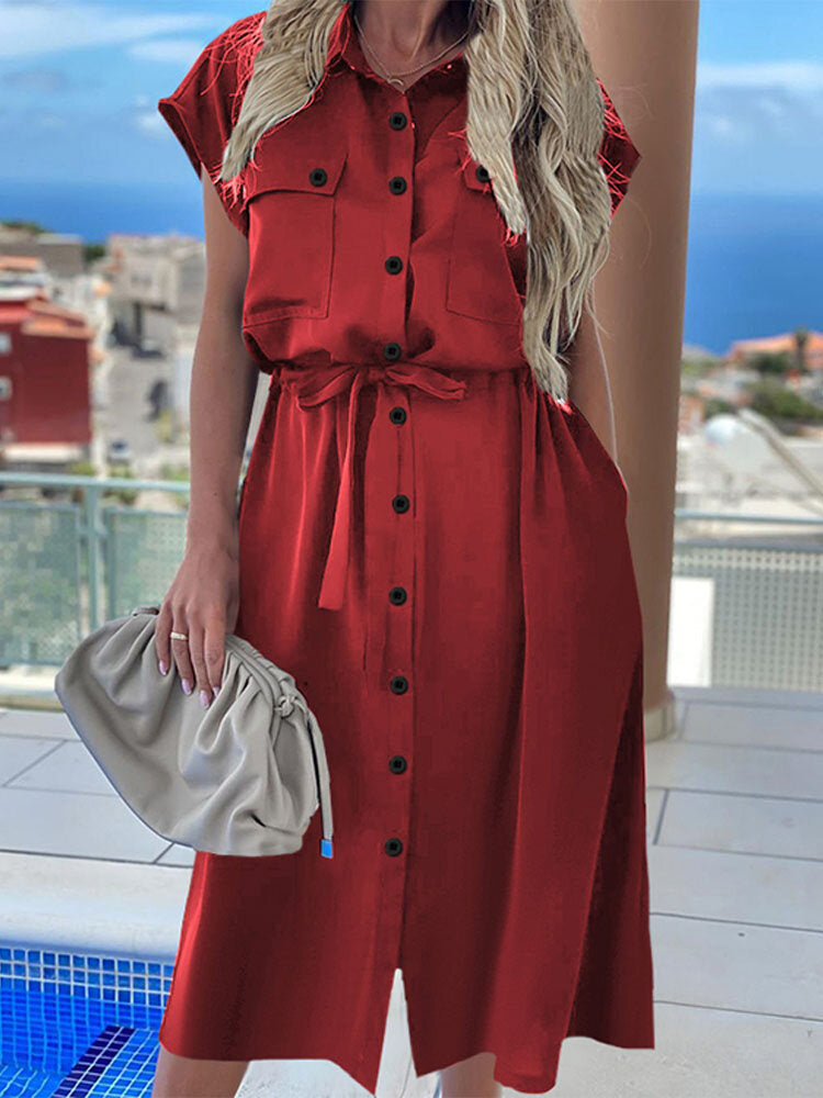 Short Sleeve Lapel Pocket Casual Holiday Women Midi Dress – Come4Buy eShop
