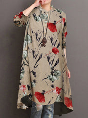 floral-print-button-front-high-low-hem-long-sleeve-midi