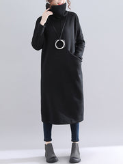 Pure Color Turtleneck Loose Long Sleeve Causal Sweatshirt Women Midi Dress