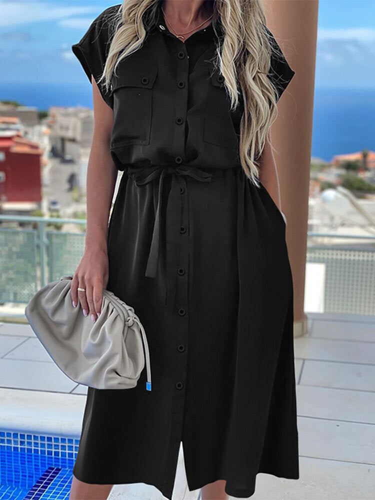 Short Sleeve Lapel Pocket Casual Holiday Women Midi Dress – Come4Buy eShop