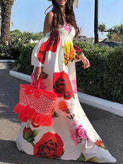 Off Shoulder Floral Print Elastic Summer Beach Long Women Maxi Dress