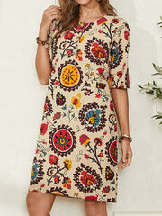 Ethnic Style Print Round Neck Bohemia Casual Women Midi Dress