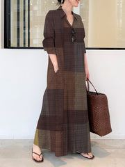 Women Casual Plaid Lapel Long Sleeve Button Vintage Shirt Maxi Dresses With Pocket