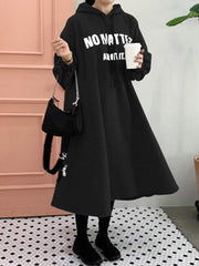 Casual Letter Print Loose Drawstring Long Sleeve Simple Hooded Sweatshirt Women Midi Dress