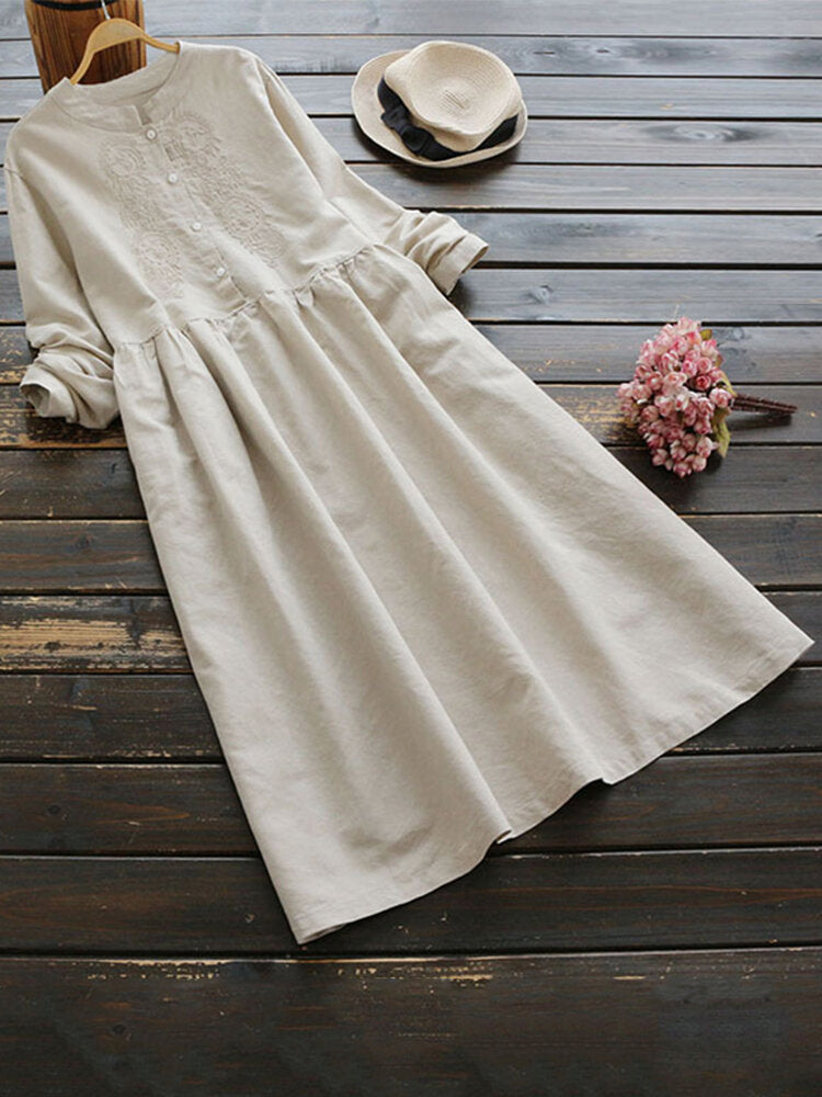 Vintage Cotton Pure Color Round Neck Button Long Sleeve Women Maxi Dre –  Come4Buy eShop