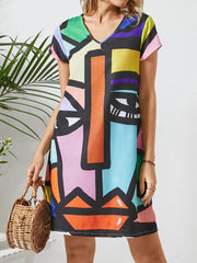 Abstract na Pattern V-neck na Short Sleeve Print Women Midi Dress