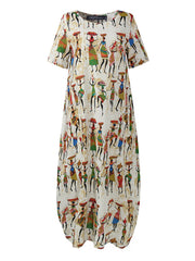 Ethnic Style Figure Print Round Neck Short Sleeve Loose Baggy Women Maxi Dress