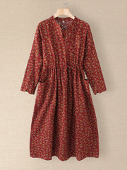 Robe mi-longue à imprimé floral avec cordon de serrage en coton avec poches décontractées pour femmes