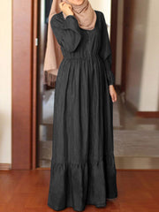 Button Down Front Elastic Waist Pure Color Layered Women Maxi Dress
