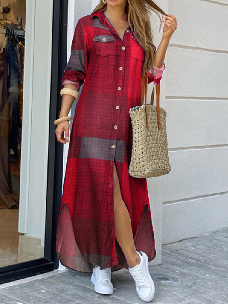 plaid maxi shirt dress Women Casual Plaid Print Irregular Split Hem Maxi Shirts Dress with Si –  Come4Buy eShop