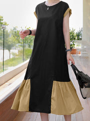 Contrast Color Spliced O-neck Short Sleeve Back Zipper Plain Casual Women Maxi Dress