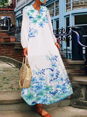 Casual Travel All Seaon Full Sleeve Floral V-neck Women Maxi Dress