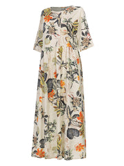 Retro Floral Printed Round Neck Three Quarter Sleeve Pleated Women Maxi Dress