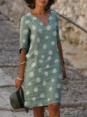 폴카 도트 노치 넥 라인 캐주얼 셔츠 여성 미디 드레스