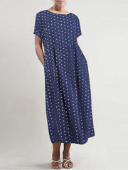 Polka Dot Print O-neck Short Sleeve Casual Women Maxi Dress