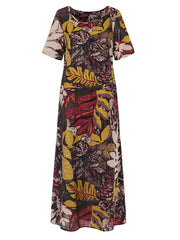 Short Sleeve Crew Neck Floral Cotton Vintage Women Maxi Dress