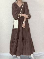 Pure Color Tiered V-neck Puff Sleeve Casual Women Maxi Dress