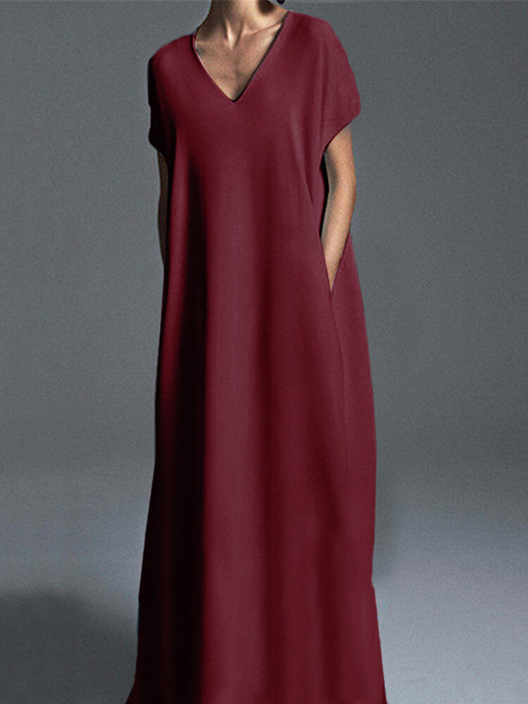 Elegant pure color discount short sleeves maxi dress