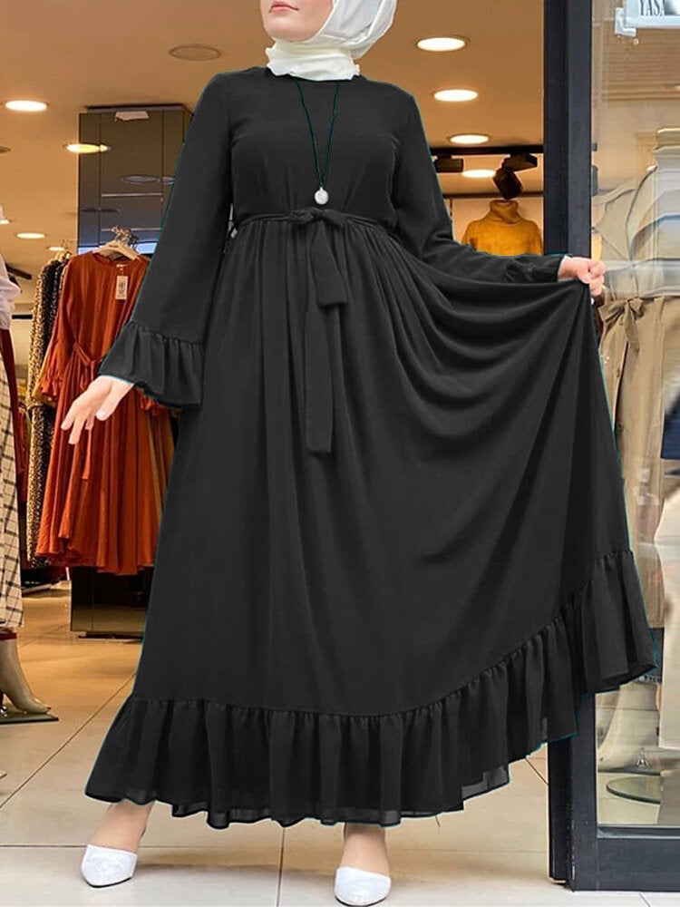 Casual Pure Color Flare Sleeve Lace-up Chiffon Loose Muslim Women Maxi Come4Buy eShop Casual Pure Color Flare Sleeve Lace-up Chiffon Loose Muslim Women Maxi Come4Buy eShop
