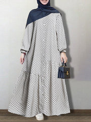 Polka Dot impresso com botões na frente elástico manguito boêmio kaftan túnica feminina vestido maxi