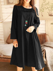 Pure Color O-neck Long Sleeve Simple Women Midi Dress