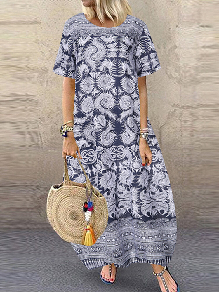 Casual Loose Printed Short Sleeve Pockets Women Maxi Dress – Come4Buy eShop