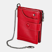 Men Genuine Leather RFID Double Zipper Retro Business Casual Style Multi-pocket Solid Color Wallet With Chain