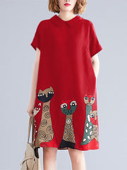 Short Sleeve Lapel Loose Back Button Animal Printed Women Midi Dress