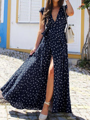 Polka Dots V-neck Short Sleeve Print Split Party Wrap Women Maxi Dress