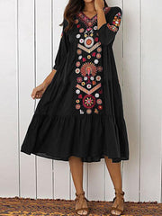 Ethnic V-neck Long Sleeve Floral Print Holiday Bohemian Pleated Women Midi Dress